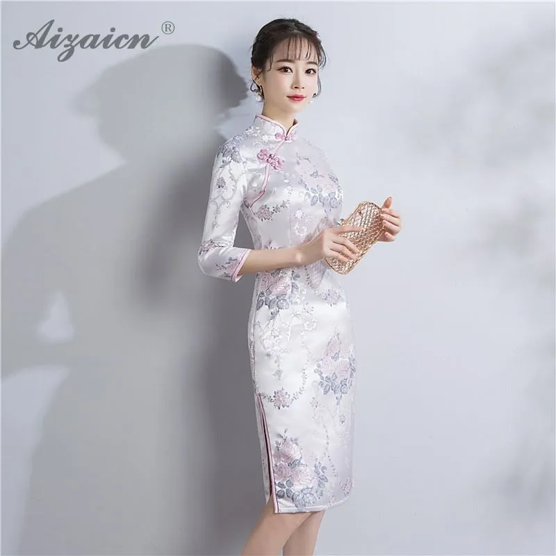 Весеннее жаккардовое плетение гобелен Атлас Qipao вышивка длинное китайское