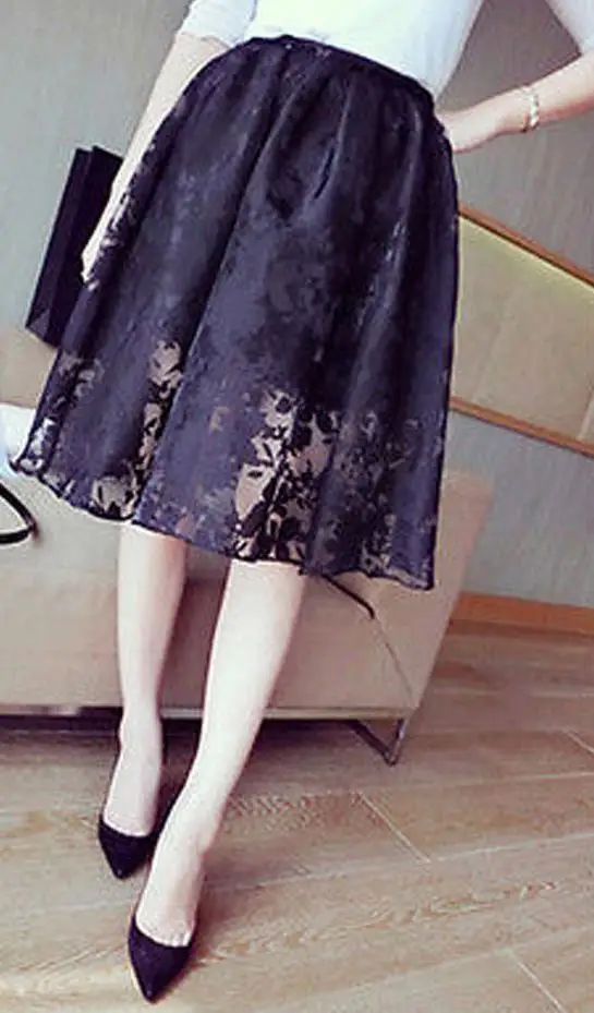

Hirigin New Women Double Layer Chiffon Flower Lace Pleated Retro Short Elastic Waist Skirt