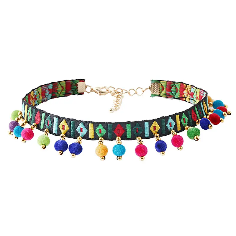 

Choker Necklace Women Bohemian vintage nation style Pom-pom Pendant Bijoux Femme