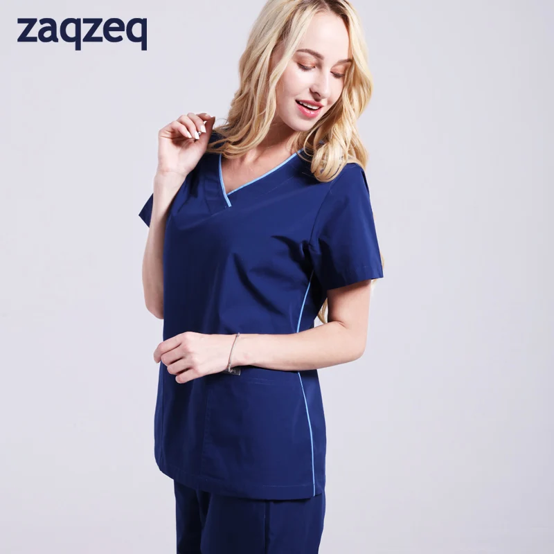 Unisex short sleeve Workwear V-Neck Top &amp Drawstring Pant Solid Colors Scrub Set | Женская одежда