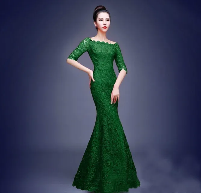 One Shoulder Green Lace Bride Cheongsam Chinese Wedding Dress Qipao Clearance At A Loss