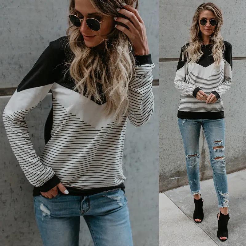 

Women Long Sleeve Hoodie Pullover Sweatshirt Long Sleeve Striped Casual Tops O-neck Autumn Spring Women Clothes