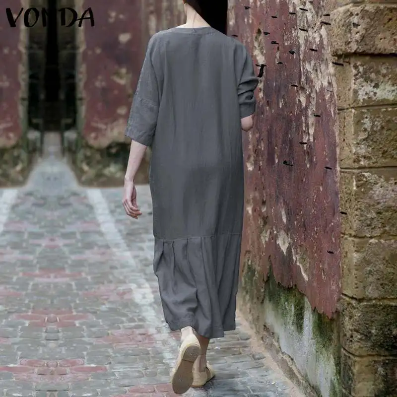 VONDA 2019 осень весна для женщин Винтаж Макси длинное платье повседневное Свободные