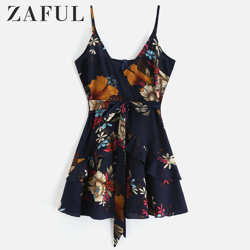 Женское винтажное платье мини на бретельках ZAFUL с цветочным принтом и оборками