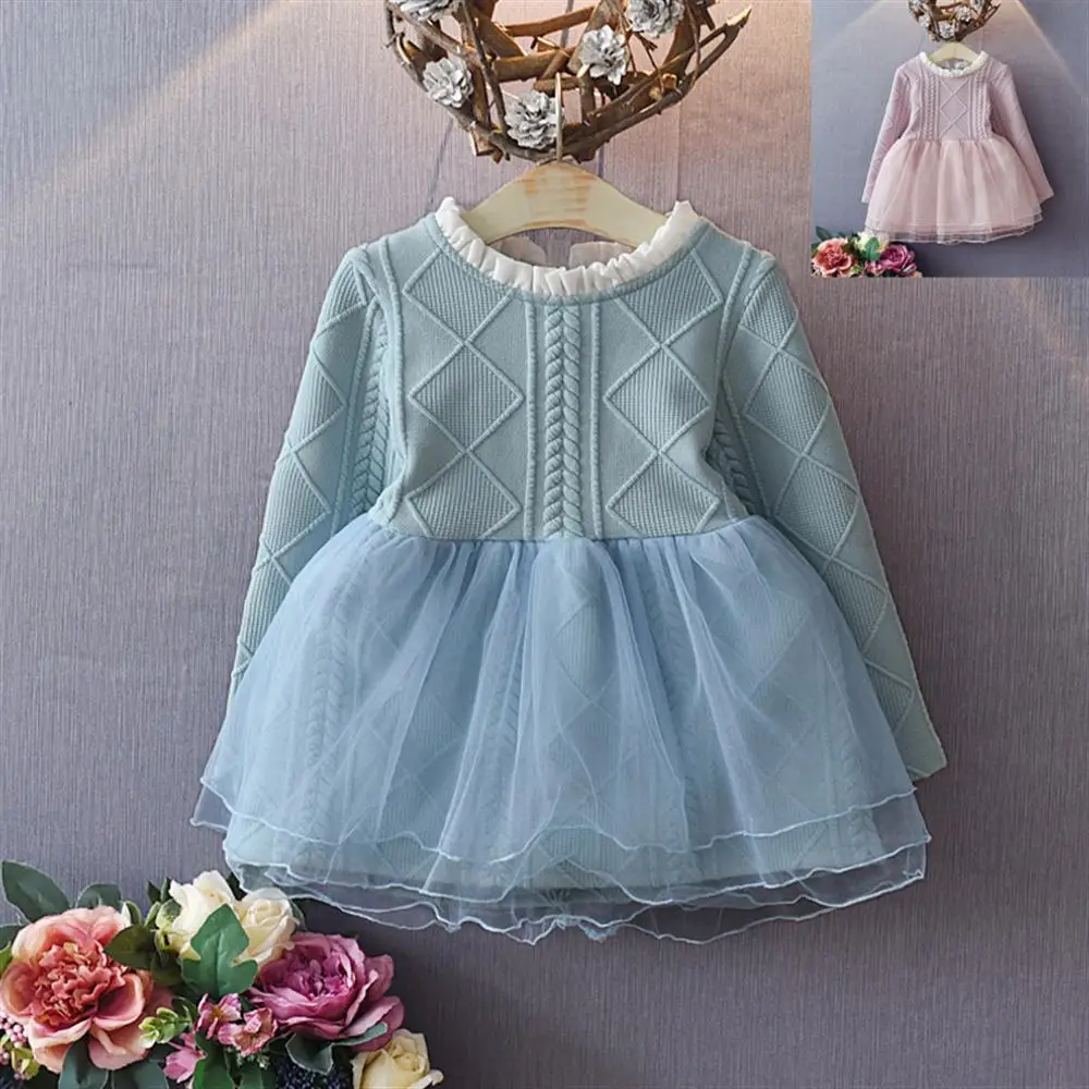 2018 Autumn Girls Dress Children's Solid Color Mesh Stitching Long-Sleeved A-Line Casual | Детская одежда и обувь