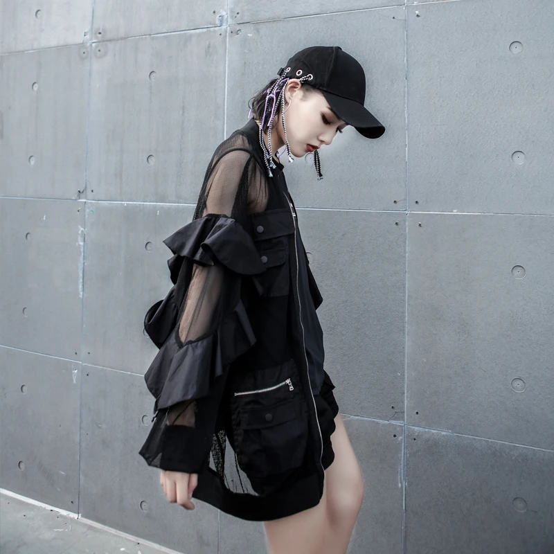 2019 свободные сетчатые ткани прозрачное пальто для женщин легкие тонкие черные