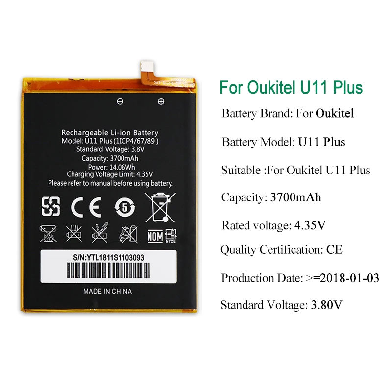 JRZ For Oukitel U11 Plus Phone Battery 3700mAh Hight Capacity 3.8V Top Quality Replacement Batteries +Tools | Мобильные телефоны и