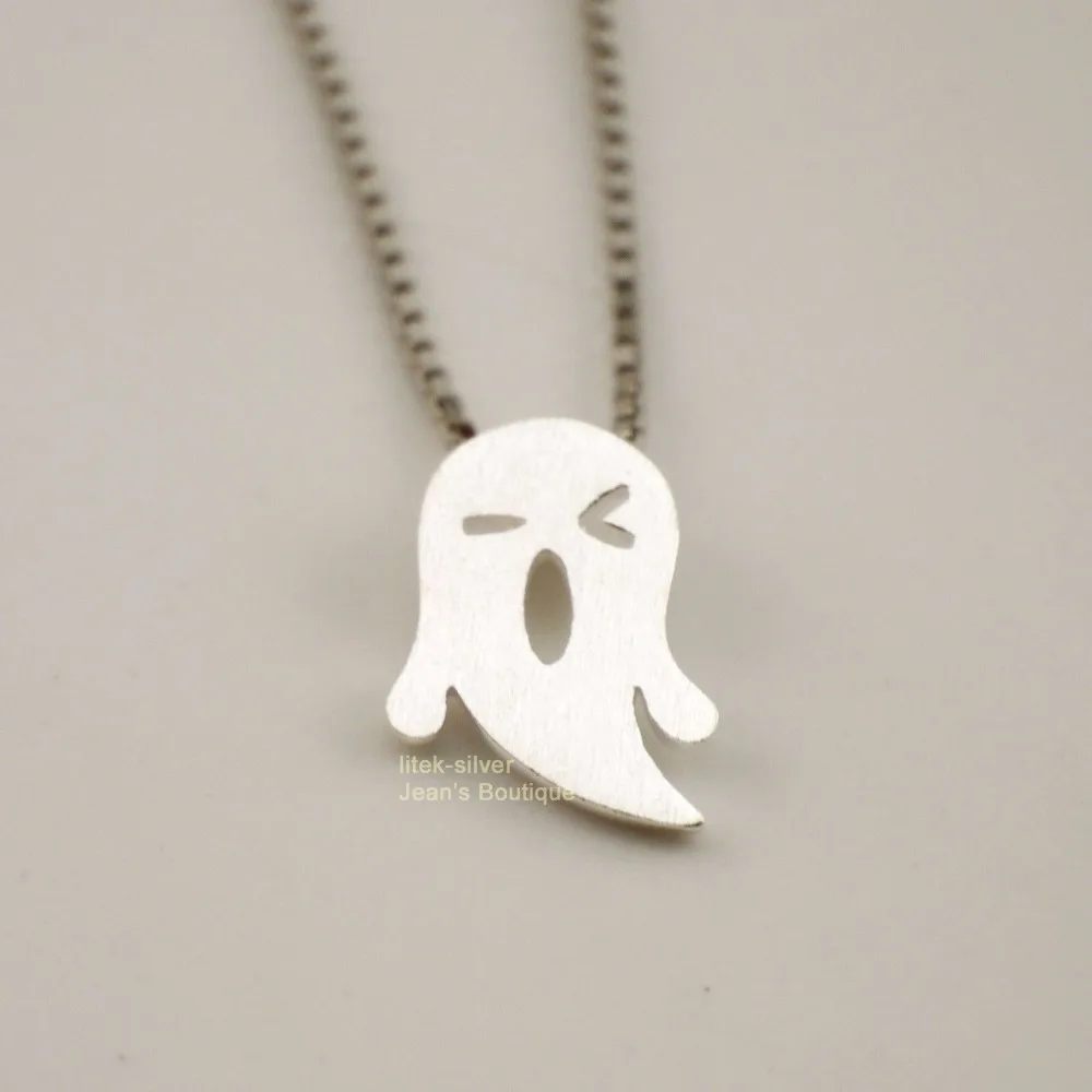 S92-5 Sterling SIL Fashion Jewelry Matt Funny Face -o&lt Ghost Pendant Charm Necklace A2565 | Украшения и аксессуары