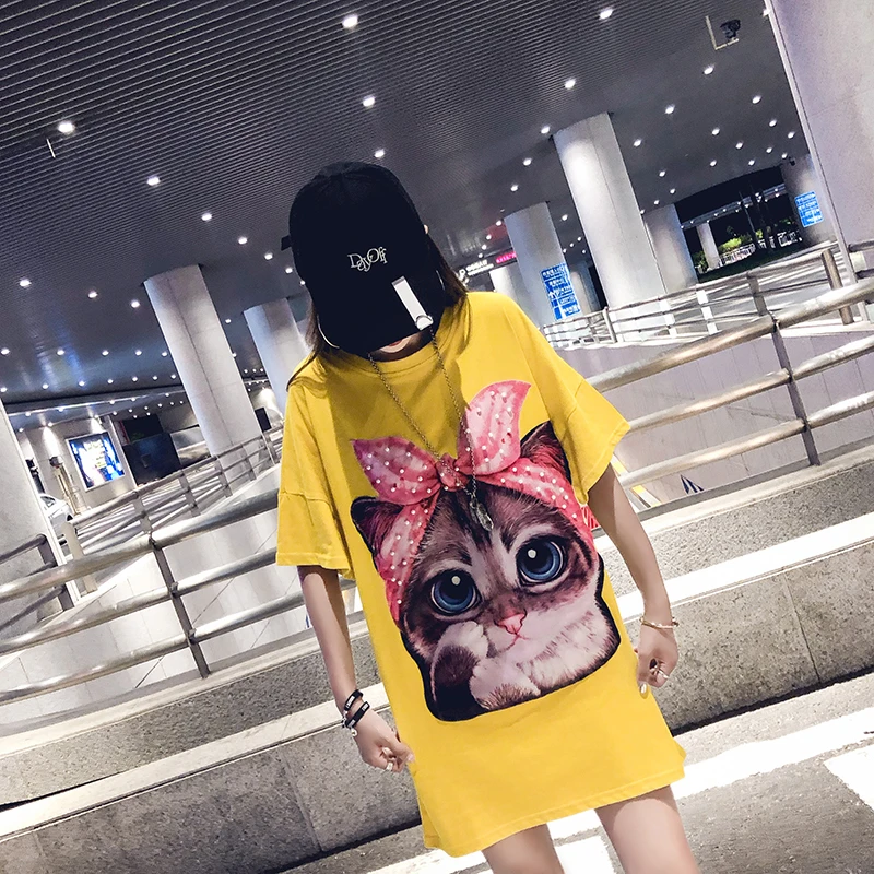Women Loose Pearl Beading Short Sleeve Tee Shirt Funny T-shirt 3d Cat Print 2019 Plus Size T Fashion Casual Harajuku Tops | Женская