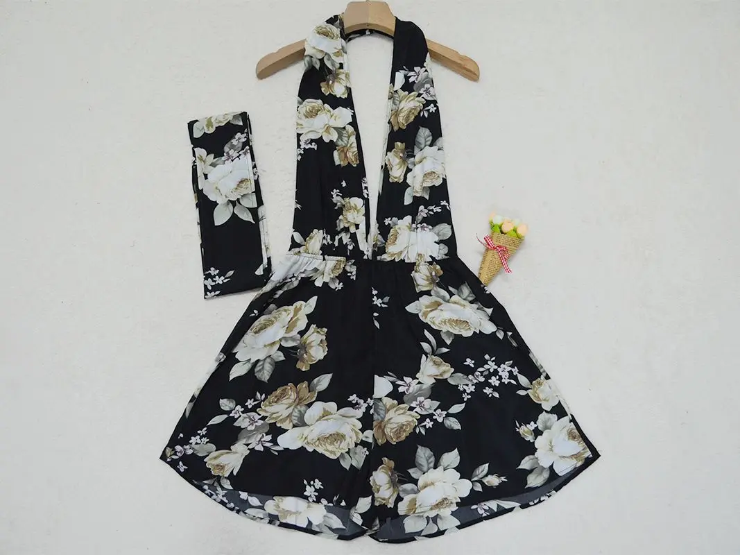 Повседневный летний комбинезон с открытой спиной женский 2018 цветочный принт