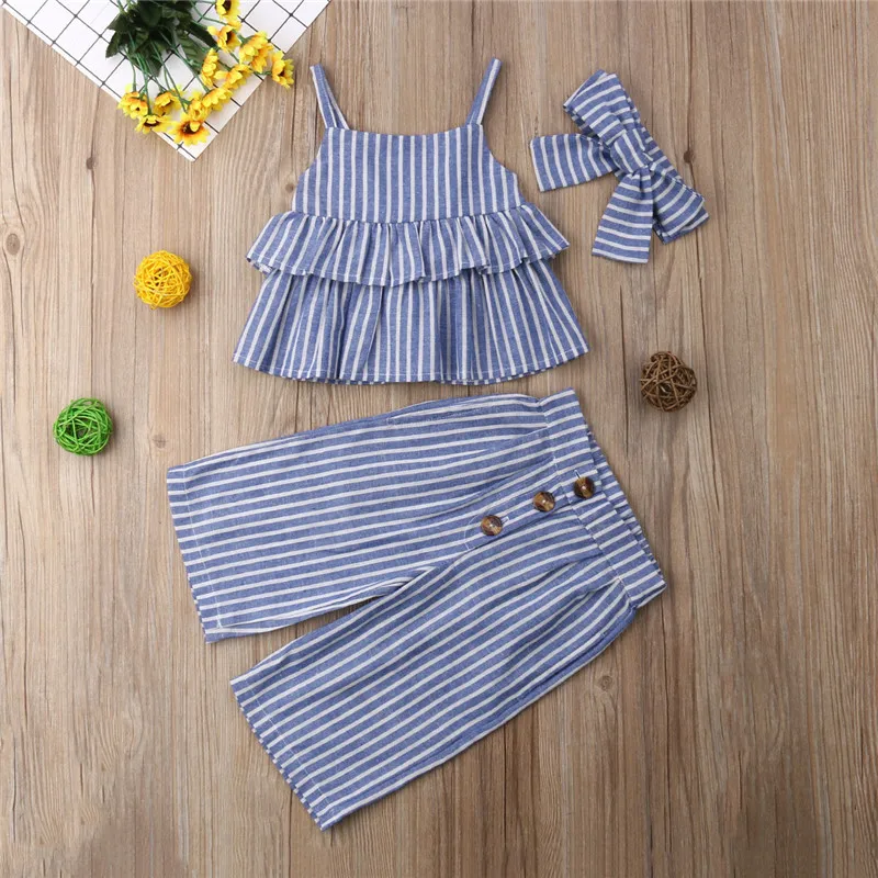 1-6T Kid Baby Girls Stripe Clothes Set Summer Cute Newborn Girl Tops Sleeveless Ruffle Pants Leggings Headband 3PCS Outfits | Детская