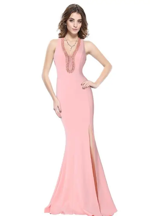 

SVKSBEVS Luxury Crystal Deep V Neck Mermaid Sexy Split Long Dresses Party Illusion Hollow Out Backless Maxi Dress
