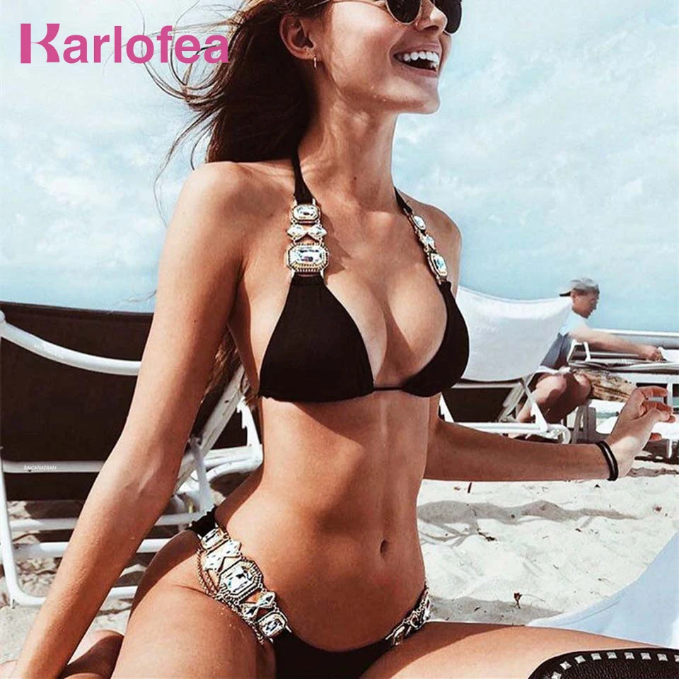 

Karlofea Crystal Diamonds Brazilian Biquini Bathing Beach Set Women Sexy Rhinestones Summer Beach Outfits Two Pieces Beach Wear
