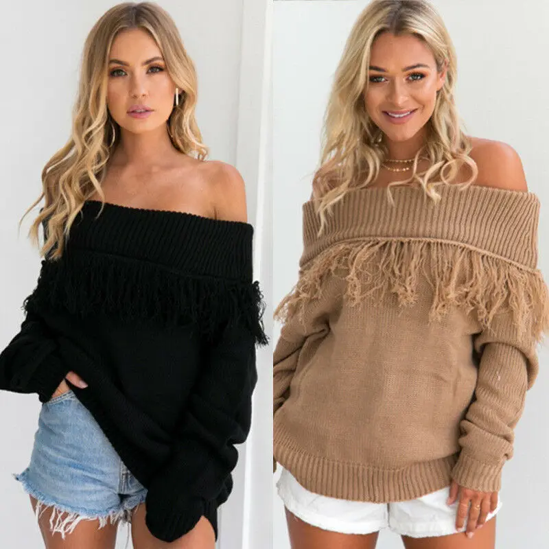 Women's Long Sleeve Off Shoulder Sweater Baggy Jumper Loose Top Blouse Pullover Female Spring Autumn Sweetwear Knitted Tops | Женская