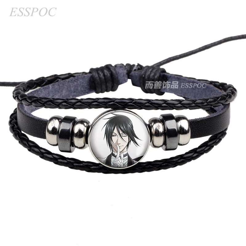 

Anime Black Butler Black Leather Bracelet Kuroshitsuji Ciel Phantomhive Sebastian Grell Madame Cosplay Bracelet Gift