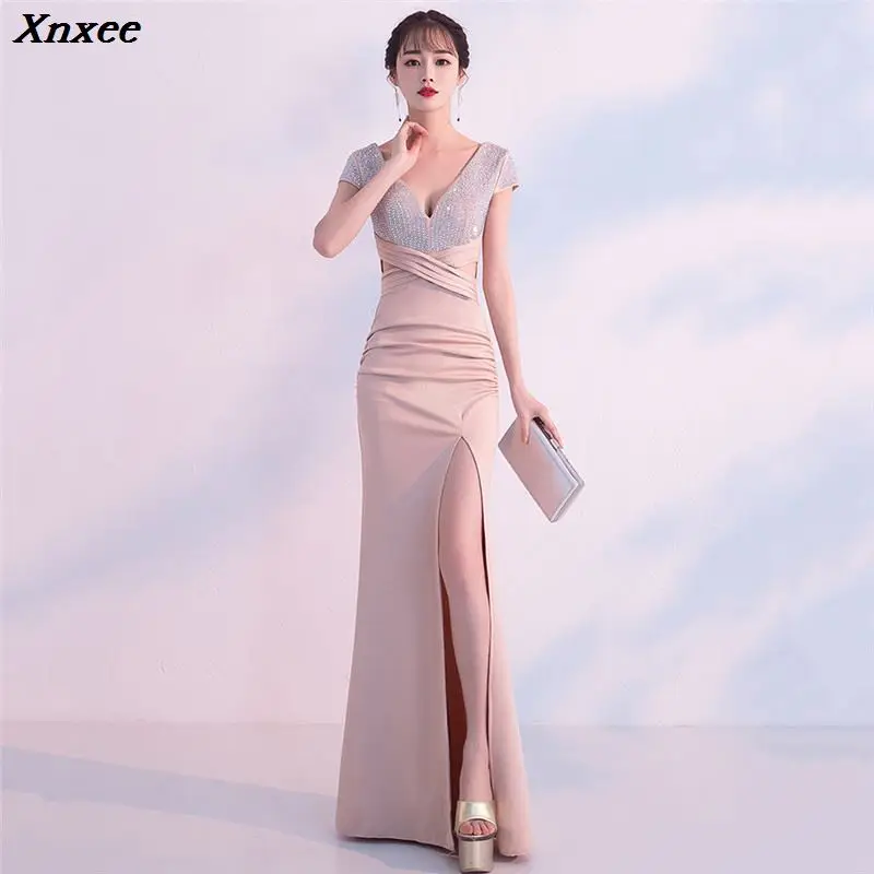 Xnxee Elegant Deep V Sequines Short Sleeve Waist Cross Long Mermaid Sexy Slit Formal Evening Party Dress Plus Size | Женская одежда