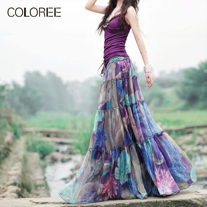 Женская плиссированная длинная юбка COLOREE элегантная шифоновая макси с цветочным