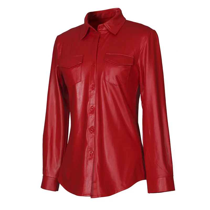 Fashion PU Leather Shirt for Women Spring Autumn Solid Black/Red Single-breasted Long Sleeve with Pockets | Женская одежда