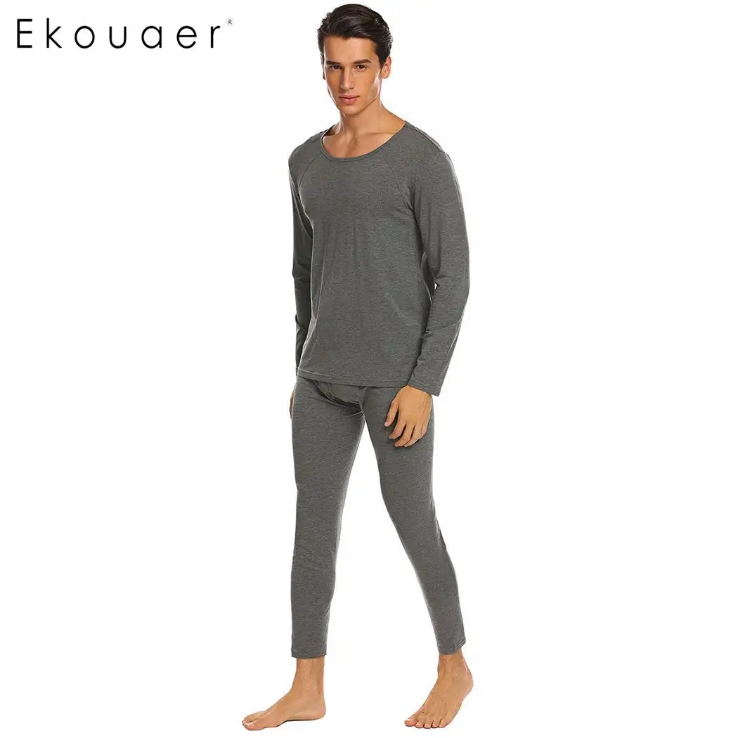 Ekouaer Men Thermal Underwear Sets Solid O-Neck Long Sleeve Tops with Elastic Waist Pants Sleep Pajamas Homewear Suits | Мужская одежда