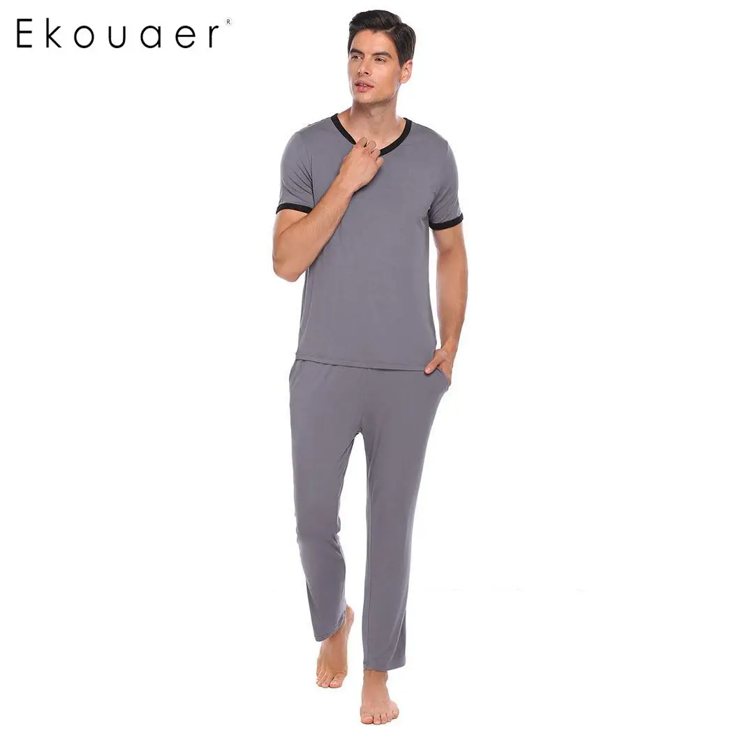 Ekouaer пижамные комплекты Мужская одежда для сна с коротким рукавом однотонная