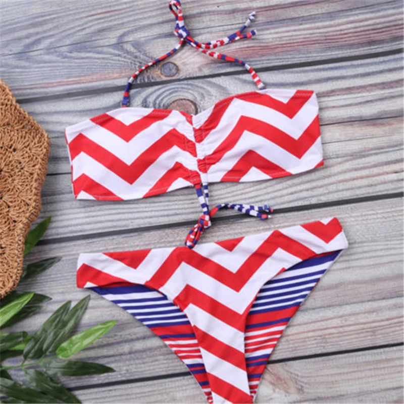 Женский сексуальный купальник с лямкой через шею открытой спиной в полоску