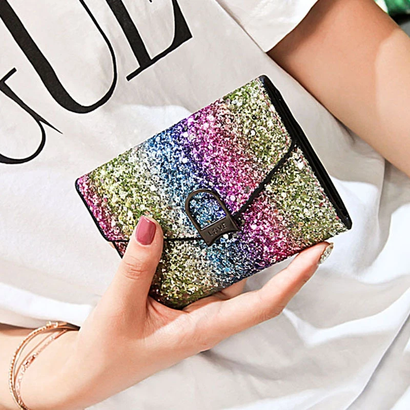Модный короткий кошелек с блестками 3 папки несколькими картами Женский мини для