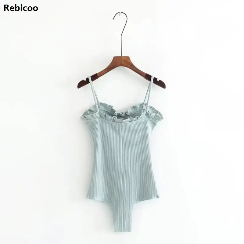 

Fashion Women Bodysuits Knitted Sexy Spaghetti Strap Stretch Ruffles Fitness Female Jumpsuit Rompers 2B03