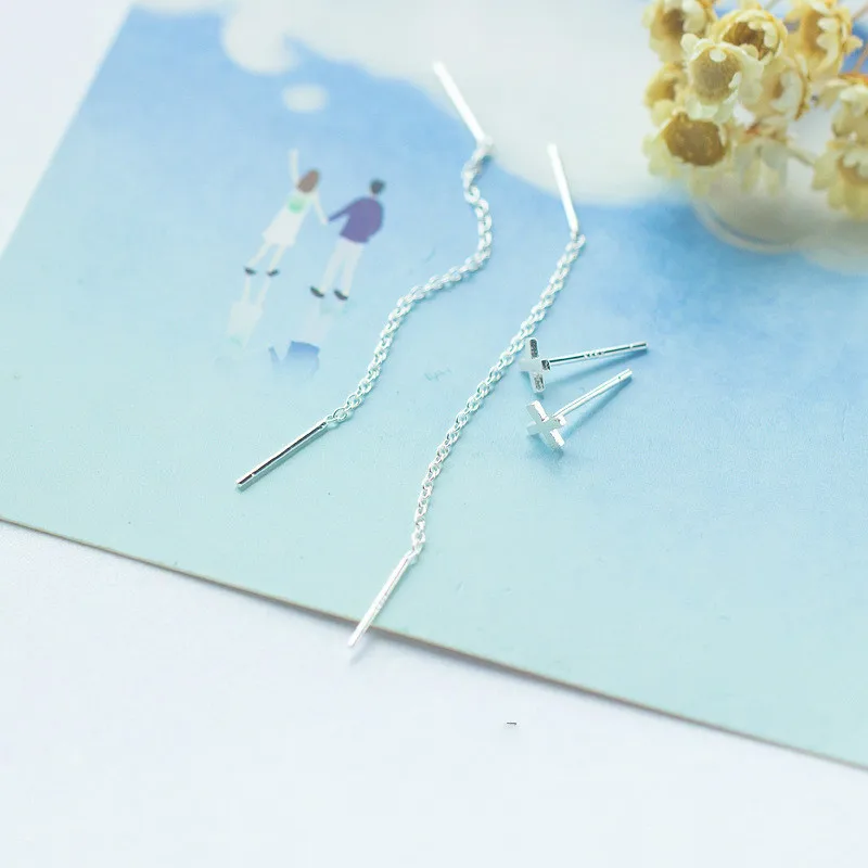100% 925 Real Sterling Silver Jewelry Fashion Cute Tiny Asymmetric Cross Stud Earrings For Daughter Girls | Украшения и