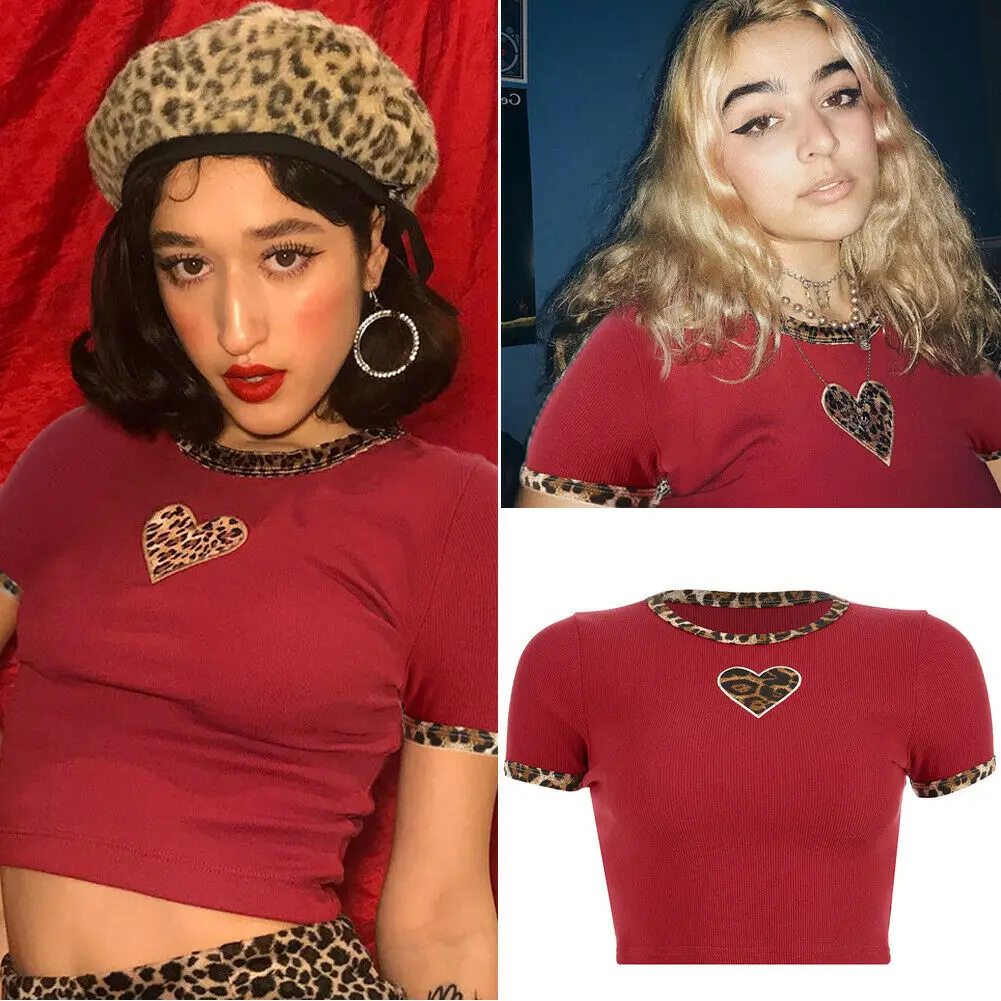 Женская футболка с коротким рукавом леопардовым принтом|Футболки| |