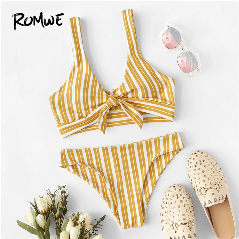

Sport Yellow Vertical Striped Knot Front V Neck Wireless Bikini Set Women Summer Low Waist Swimsuit Beach Swimming Wear