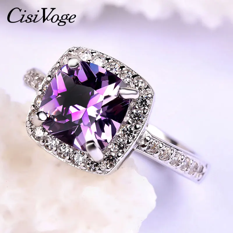 CisiVoge NEW 925 Silver Womens Rings Jewelry Big Square Purple Amethyst Gem Stone Crystal Large Statement Gemstone Ring FJ JRG17 | Украшения