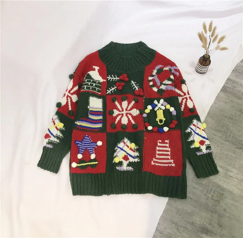 2018 Winter Christmas Women Green Print Sweater Pullovers Harajuku Streetwear Long Sleeve Female Knitted Jumper Tops Clothing | Женская