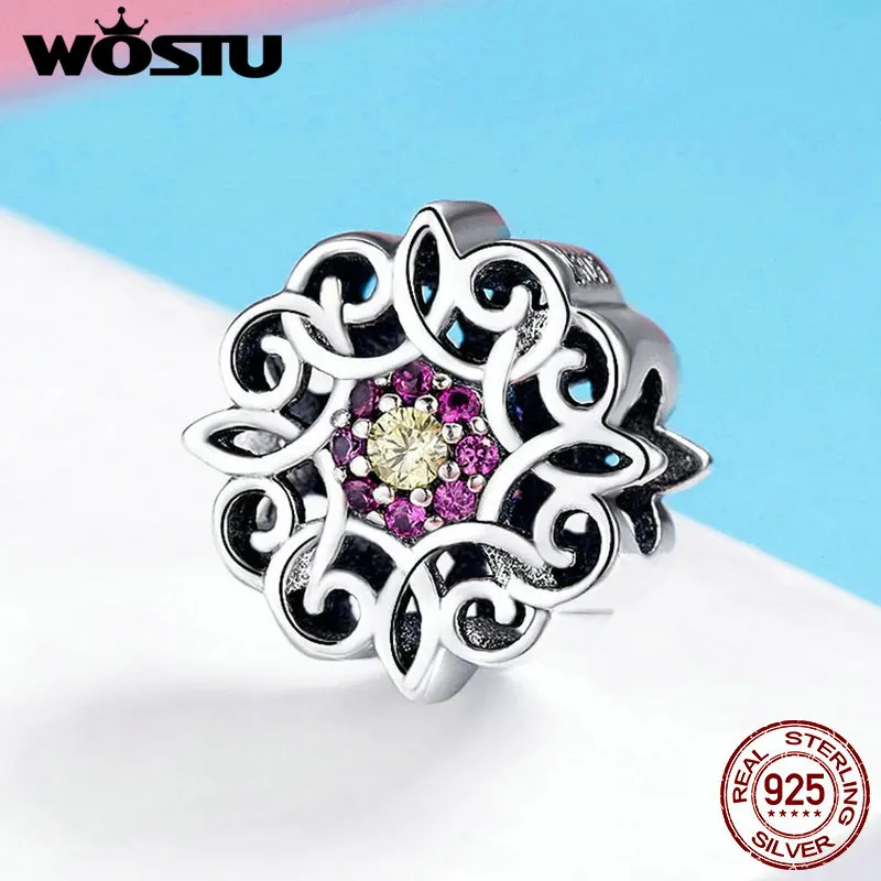 WOSTU винтажные 925 Серебряный цветочный Шарм калейдоскос CZ бусины подходят для