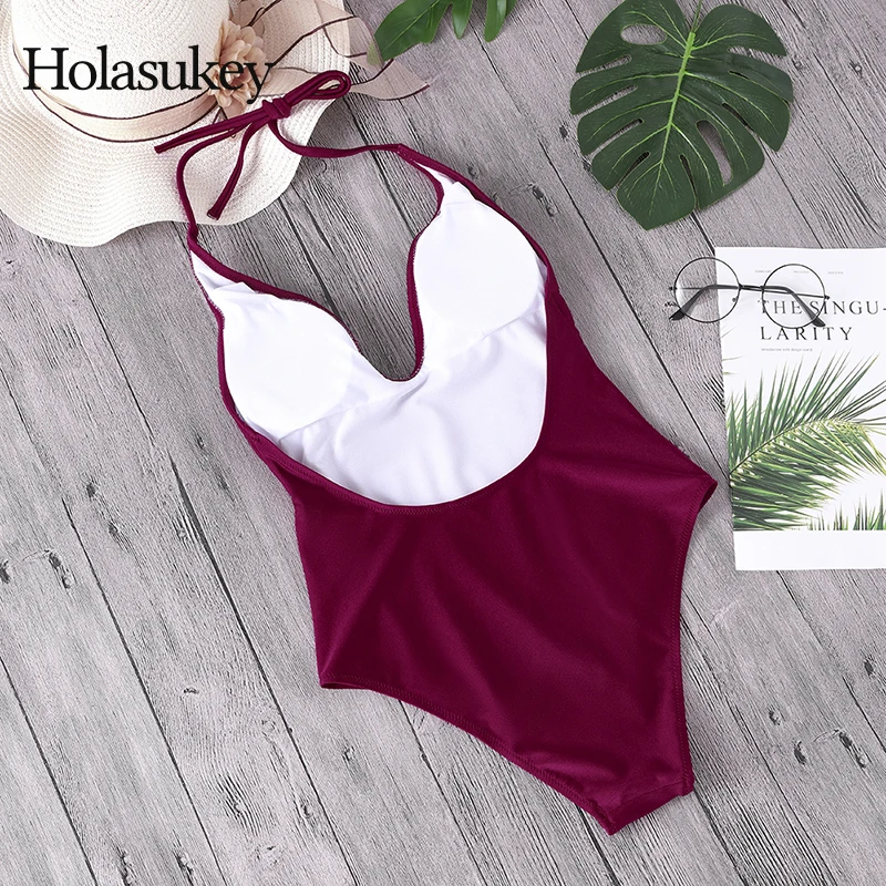 HolaSukey Halter Top Bikini Solid Swimsuit One Pieces Swimwear 2020 New Sexy Bikinis Set Women Monokini Biquini |