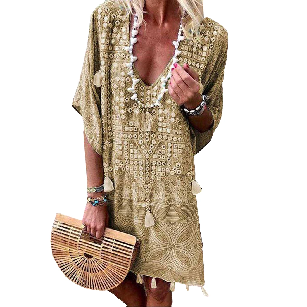 Женское пляжное платье с v образным вырезом шифоновое винтажное и коротким