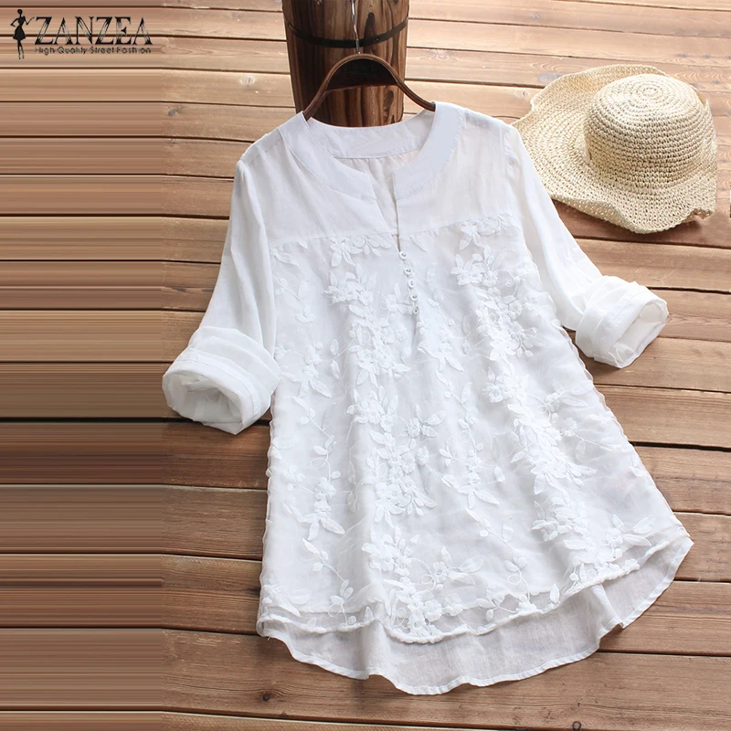 

2022 Oversized ZANZEA Spring Autumn Women Casual V Neck Long Sleeve Vintage Embroidery Cotton Linen Party Loose Shirt Blouse