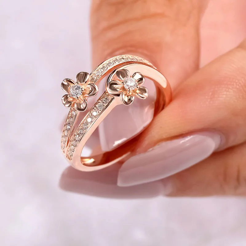 Double Flower Shape Zircon Finger Rings for Women Micro-drill Rose Gold Wedding Ring Sliver 925 Simplicity Fashion Jewelry | Украшения и