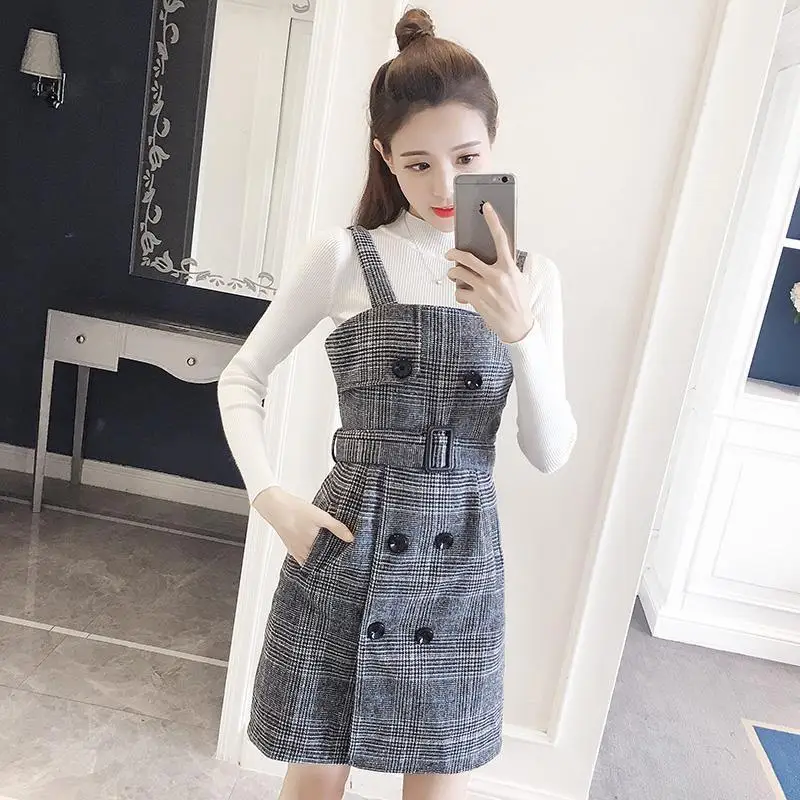 Подтяжки в клетку Roupa Invierno женские корейские с открытыми плечами пуловер