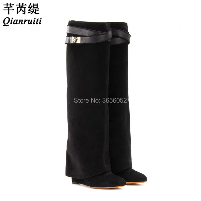 

Qianruiti Fashion 2019 Wedge Shoes Autumn Winter Pointed Toe Leather Botas Buckle Strap Shark Lock Strap Knee High Boots Women