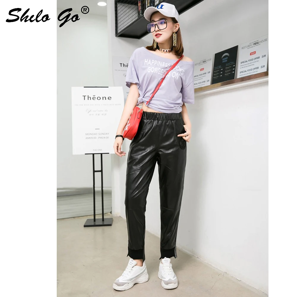 Женские кожаные брюки в полоску сбоку весенние эластичные карандаш из