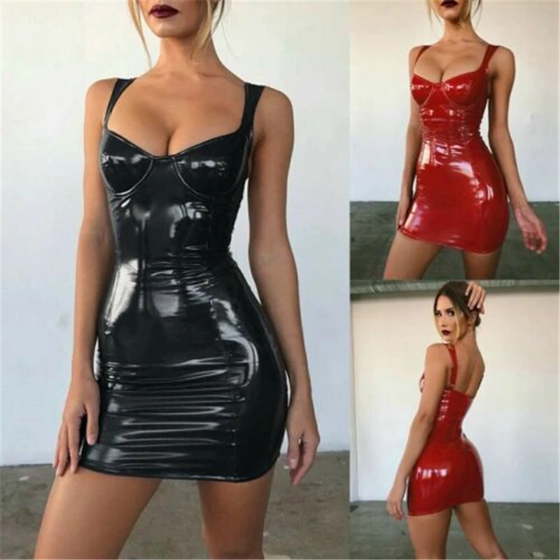 Кожаное летнее платье футляр блестящее сексуальное женское латексное