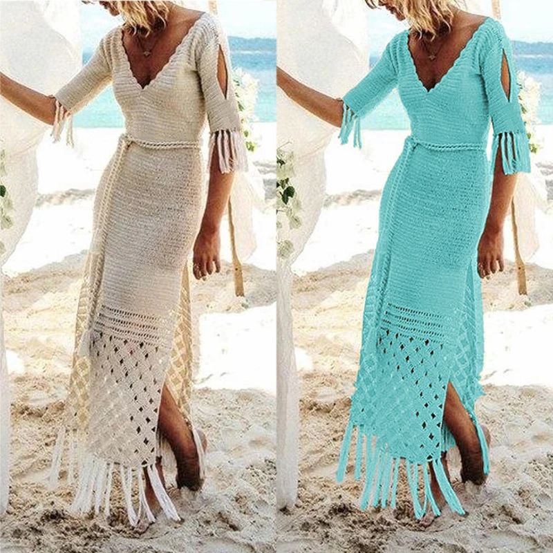 In-X 2019 Tunic women's cover up Hollow out Beach dress V-neck swimsuit female cover-ups Bandage beachwear Tassel saida de beach |