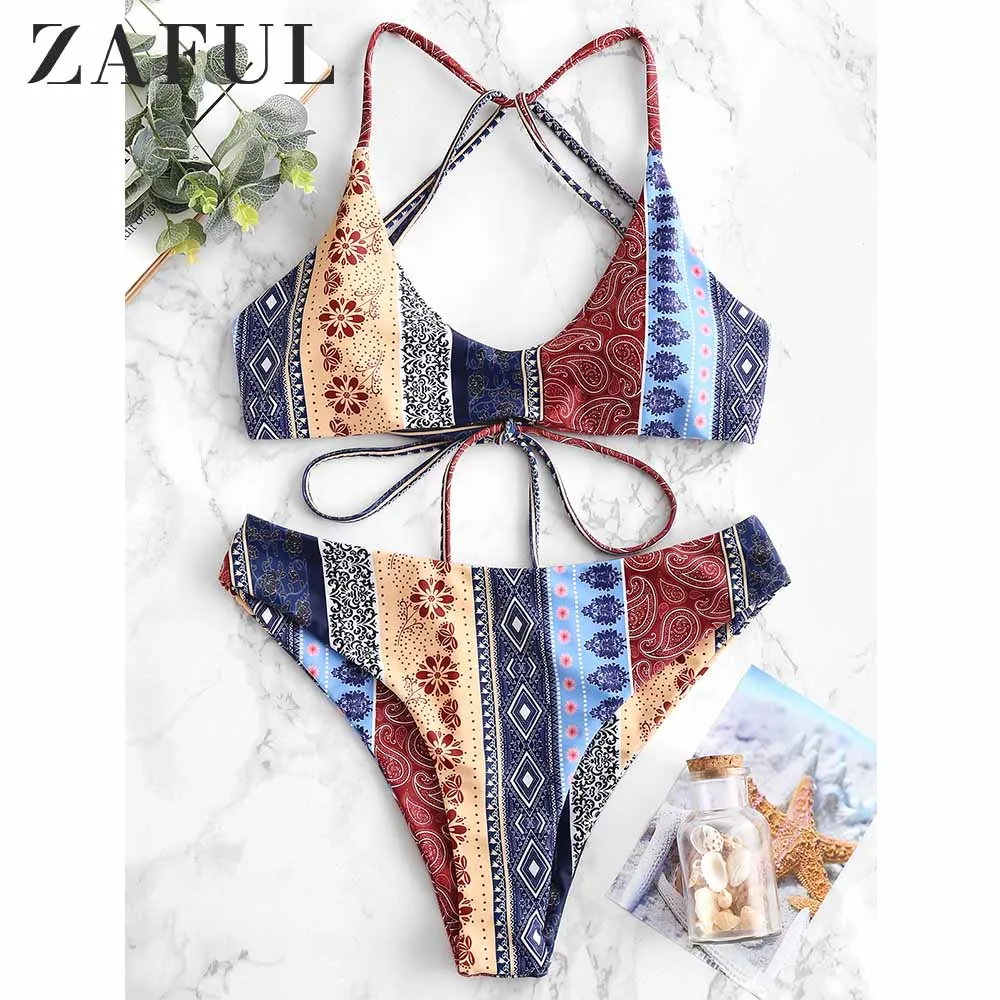 Женский купальник бикини ZAFUL этнический Цветочный на бретельках сексуальный с