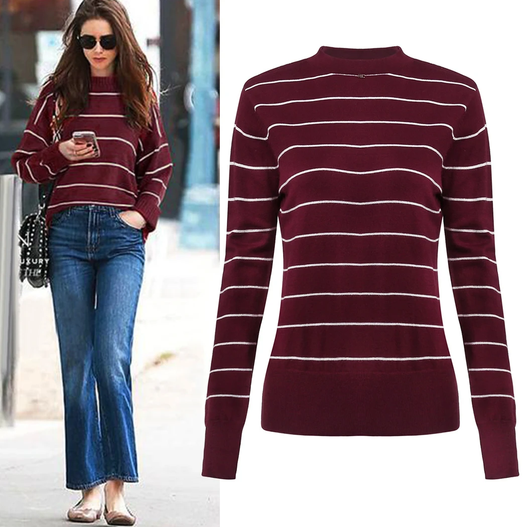 Женская трикотажная водолазка в полоску свитер осень цвет красного вина длинный