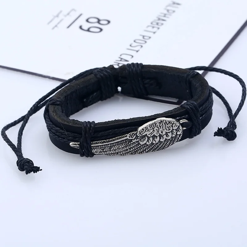 Vintage Punk Alloy Weave Wing Cowhide charms Bracelet homme men Man Leather Jewelry Gothic bracelets for women bijoux femme | Украшения и