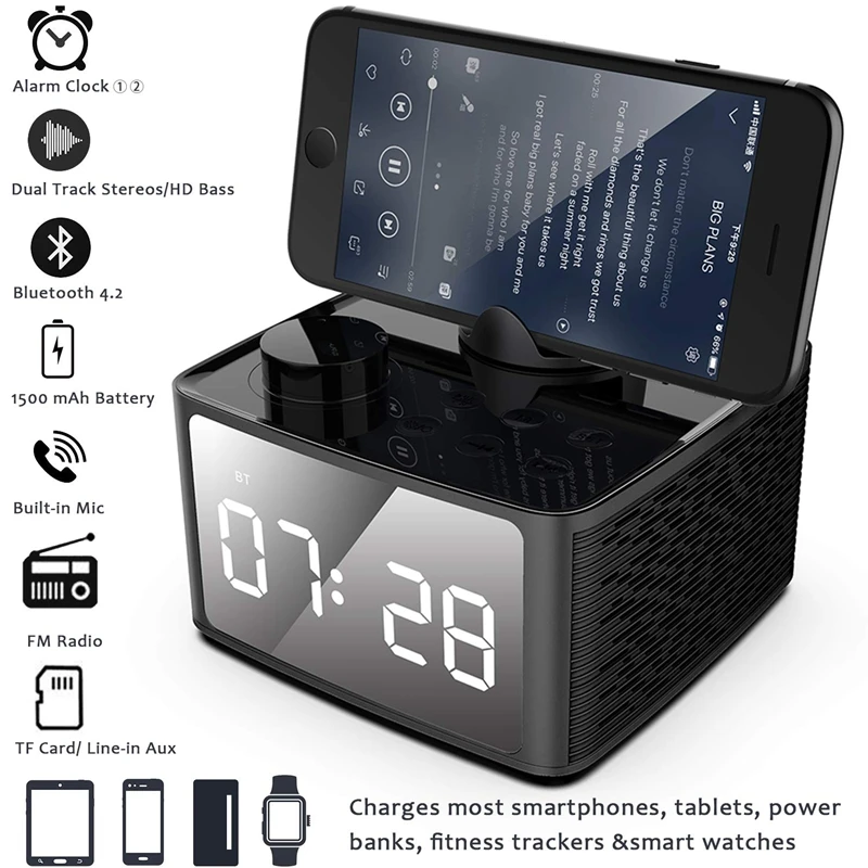 Часы Будильник Радио Беспроводной Bluetooth Динамик с Fm радио и подставка для сотовых