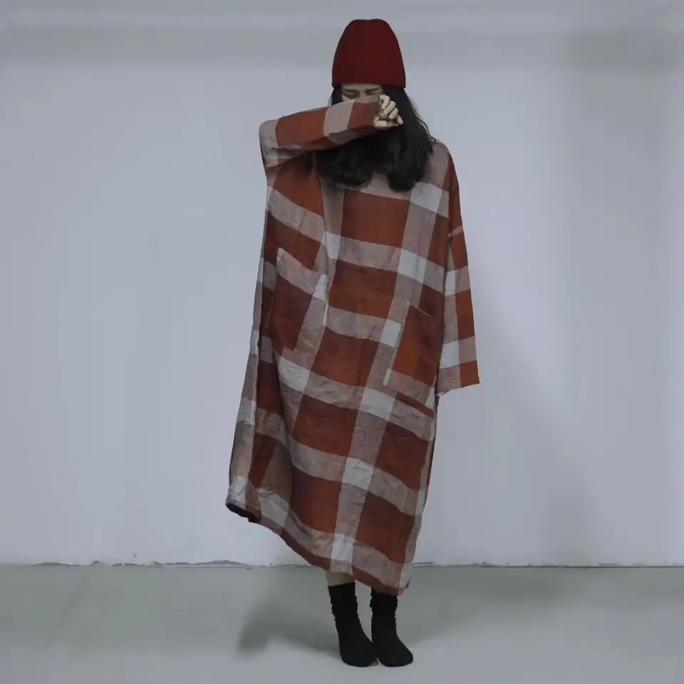 2019 Spring Plaid Pattern Literature Lattice Flax Round Neck Bat Sleeve Easy Large Size Big Loose Dress Linen Gothic Long wear | Женская