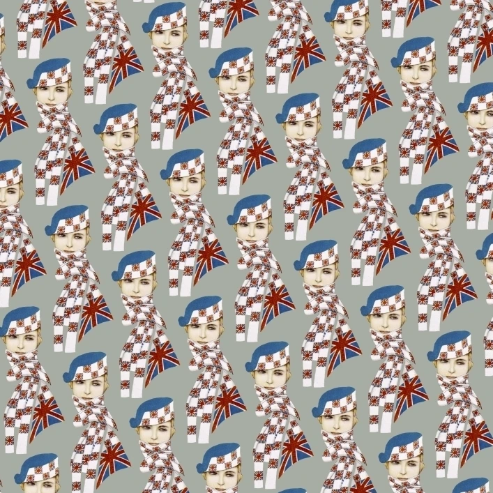 Повторяющийся шаблон девушка в флаг Юнион Джек шарф серый плакат печать Мэри