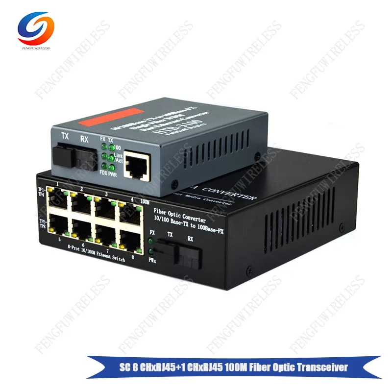 1 пара HTB3100 + 8 портов 1000 базовый оптический медиаконвертер RJ45 erternet переключатель