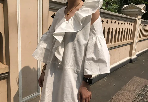 DEAT 2020 New Spring Fashion Women Clothing Casual Wrist Flare Sleeve Loose V-neck Splicing Shirt Dress Female Vestido ZA007600 | Женская
